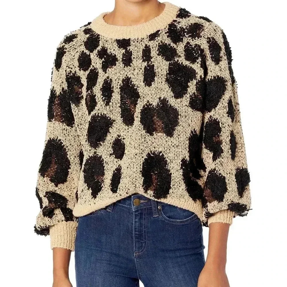 mudpie sweater women small Leopard Tan Cozy Neutral Preppy Fall Winter shaggy